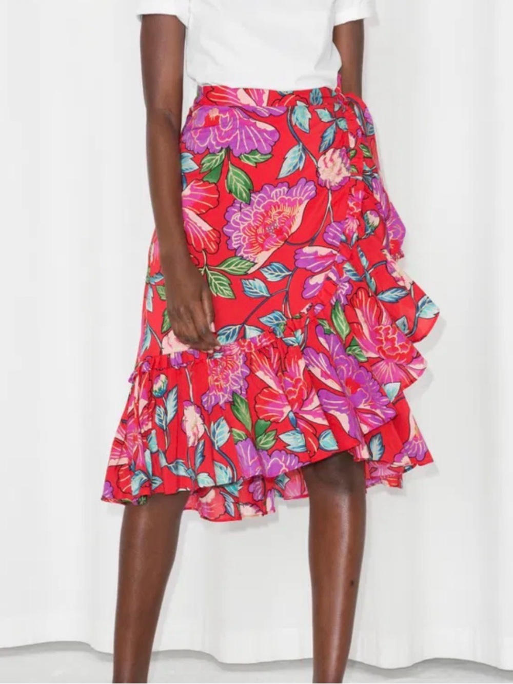 & Other Stories Red Floral Wrap Ruffle Skirt